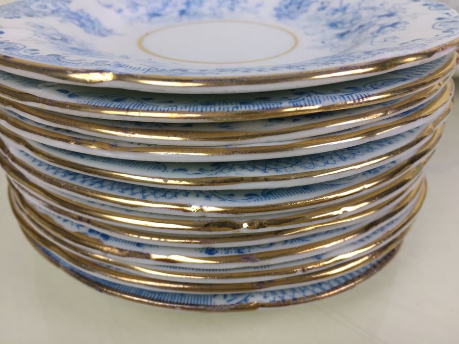 Elegant Set Of Gold Rimmed Blue And White Cups And Saucers With Plates And Bowl [Photo 13]