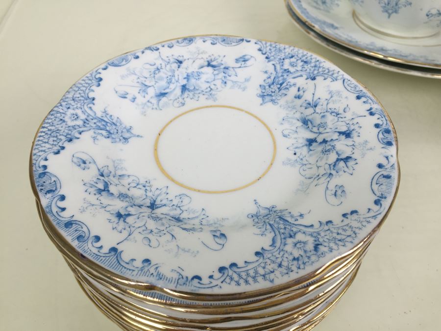 Elegant Set Of Gold Rimmed Blue And White Cups And Saucers With Plates And Bowl [Photo 14]