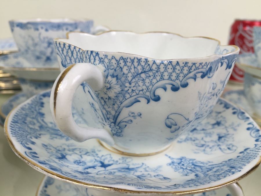 Elegant Set Of Gold Rimmed Blue And White Cups And Saucers With Plates And Bowl [Photo 11]