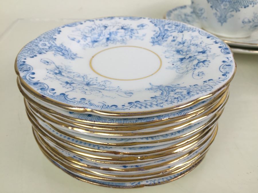 Elegant Set Of Gold Rimmed Blue And White Cups And Saucers With Plates And Bowl [Photo 27]