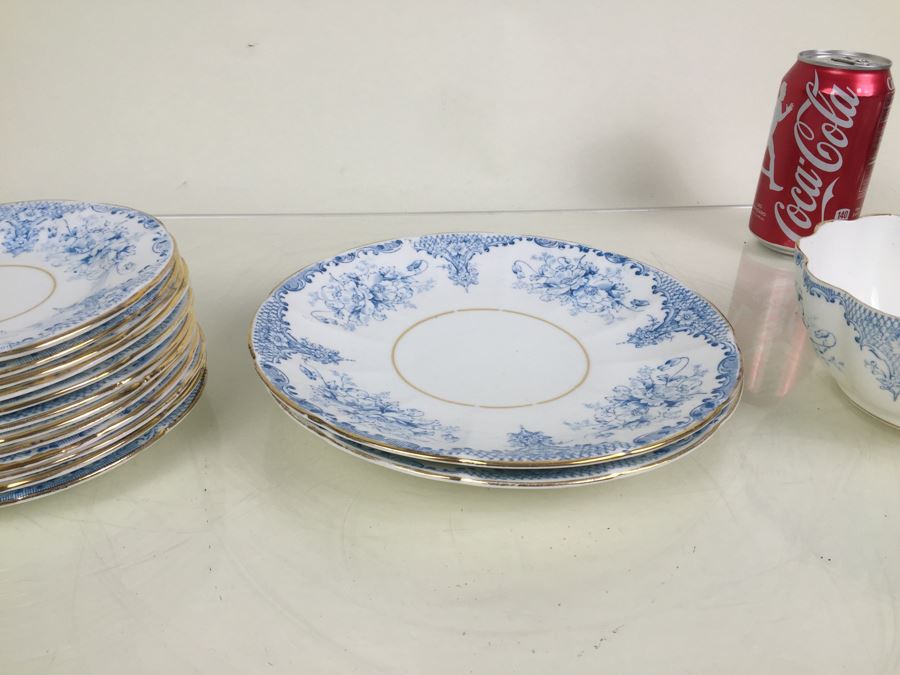 Elegant Set Of Gold Rimmed Blue And White Cups And Saucers With Plates And Bowl [Photo 17]
