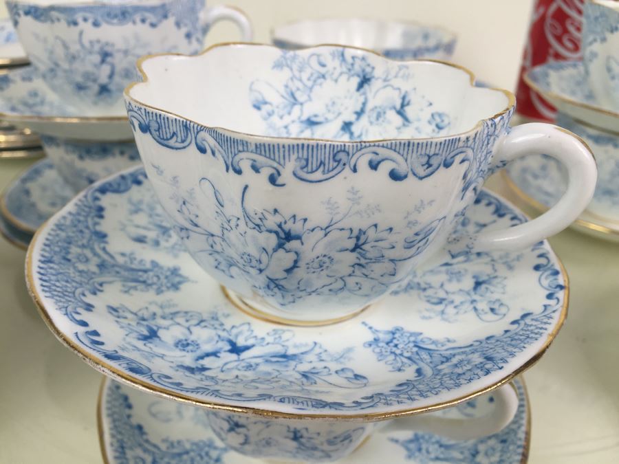 Elegant Set Of Gold Rimmed Blue And White Cups And Saucers With Plates And Bowl [Photo 2]