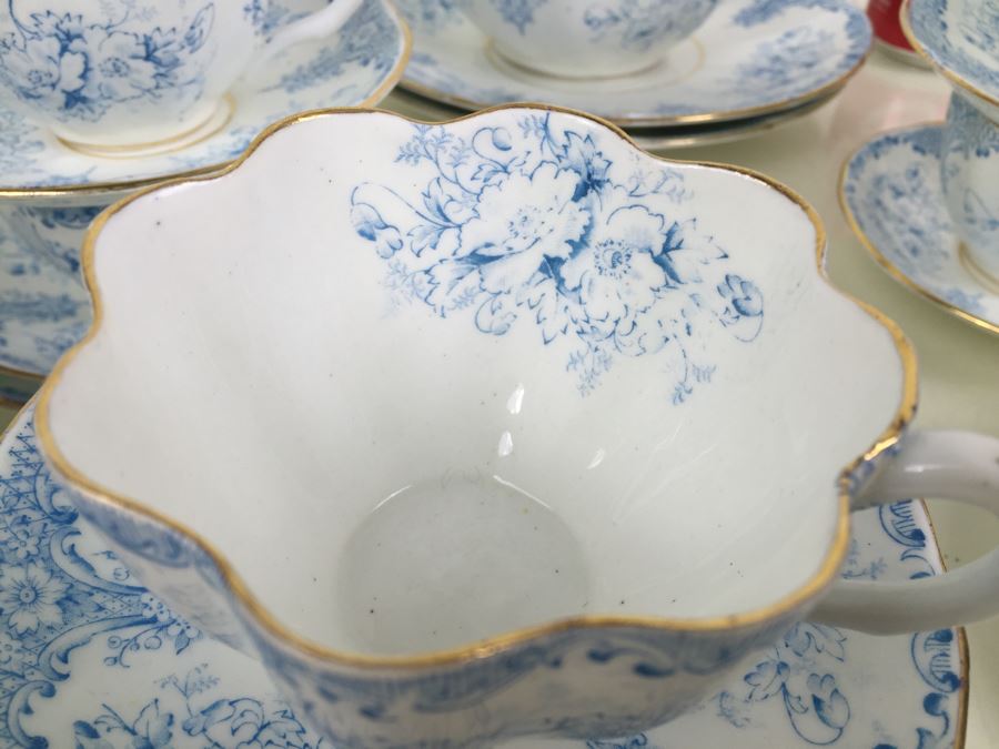 Elegant Set Of Gold Rimmed Blue And White Cups And Saucers With Plates And Bowl [Photo 5]