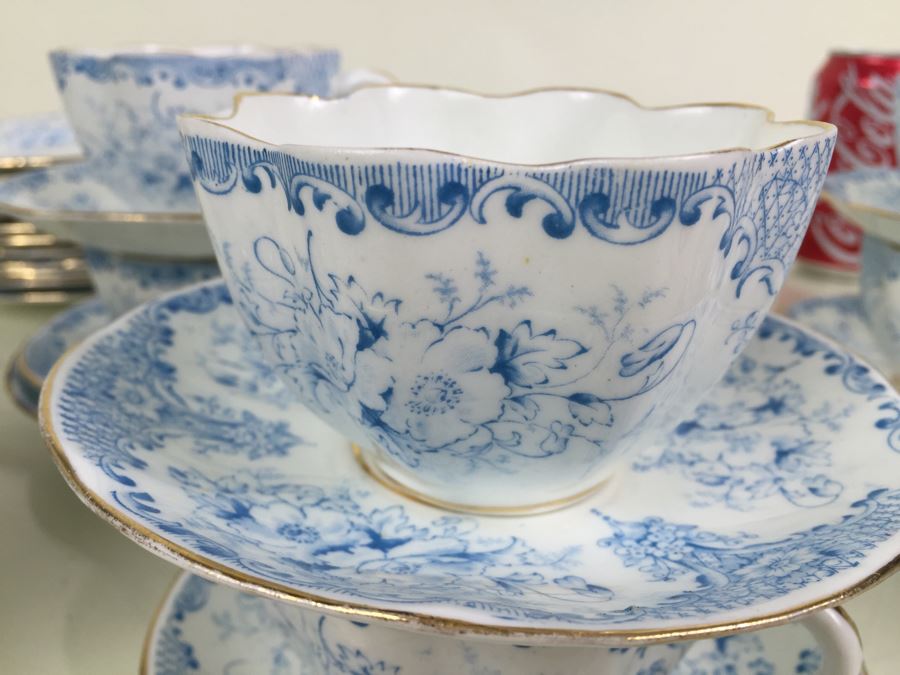 Elegant Set Of Gold Rimmed Blue And White Cups And Saucers With Plates And Bowl [Photo 10]