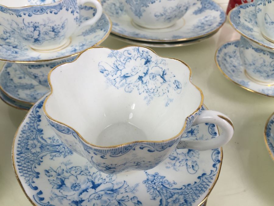 Elegant Set Of Gold Rimmed Blue And White Cups And Saucers With Plates And Bowl [Photo 6]