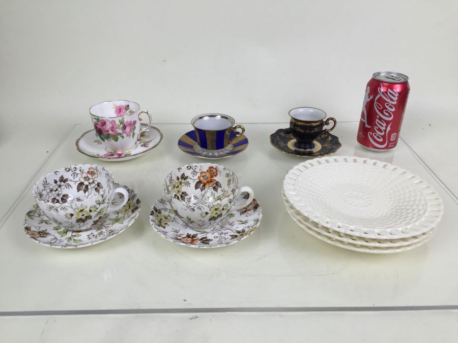 Set Of 5 Cups And Saucers With Woven Reticulated Plates [Photo 1]