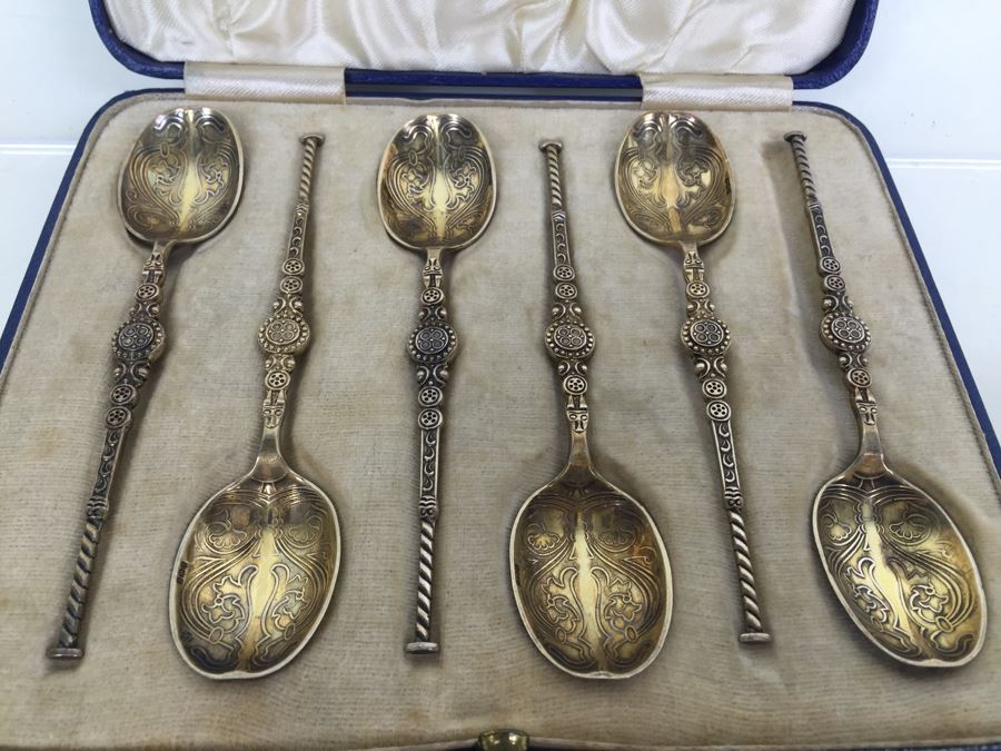 Birmingham England Barker Brothers Ltd. Sterling Silver Spoon Set With Original Case And Figural Sterling Napkin Ring 79g $41 Melt Value [Photo 2]
