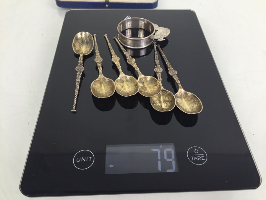 Birmingham England Barker Brothers Ltd. Sterling Silver Spoon Set With Original Case And Figural Sterling Napkin Ring 79g $41 Melt Value [Photo 20]