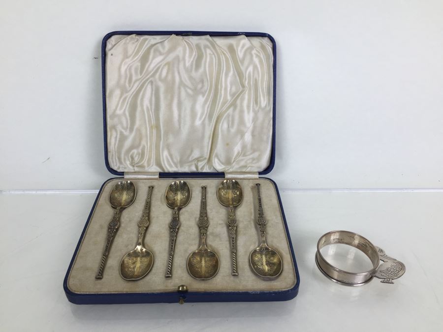 Birmingham England Barker Brothers Ltd. Sterling Silver Spoon Set With Original Case And Figural Sterling Napkin Ring 79g $41 Melt Value