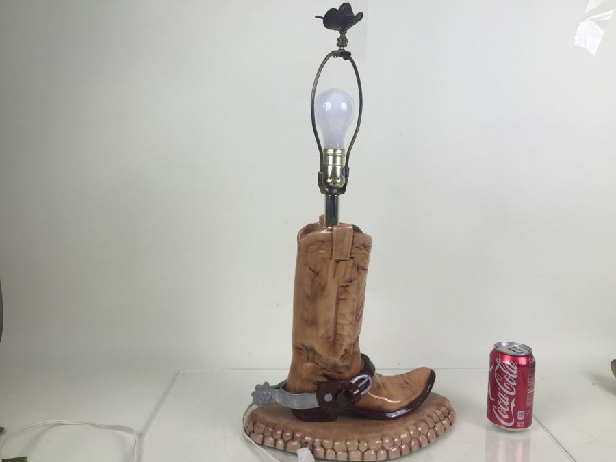 Painted Ceramic Western Cowboy Boot Lamp With Cowboy Hat Finial [Photo 1]