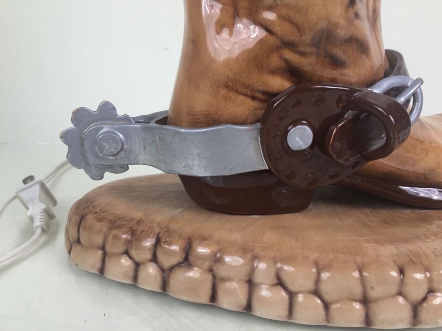 Painted Ceramic Western Cowboy Boot Lamp With Cowboy Hat Finial [Photo 2]