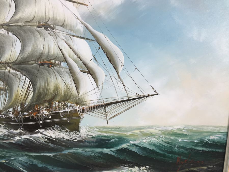 Original Oil Painting Of Large Sailing Ship On Rough Seas Signed By Artist Hayden [Photo 8]