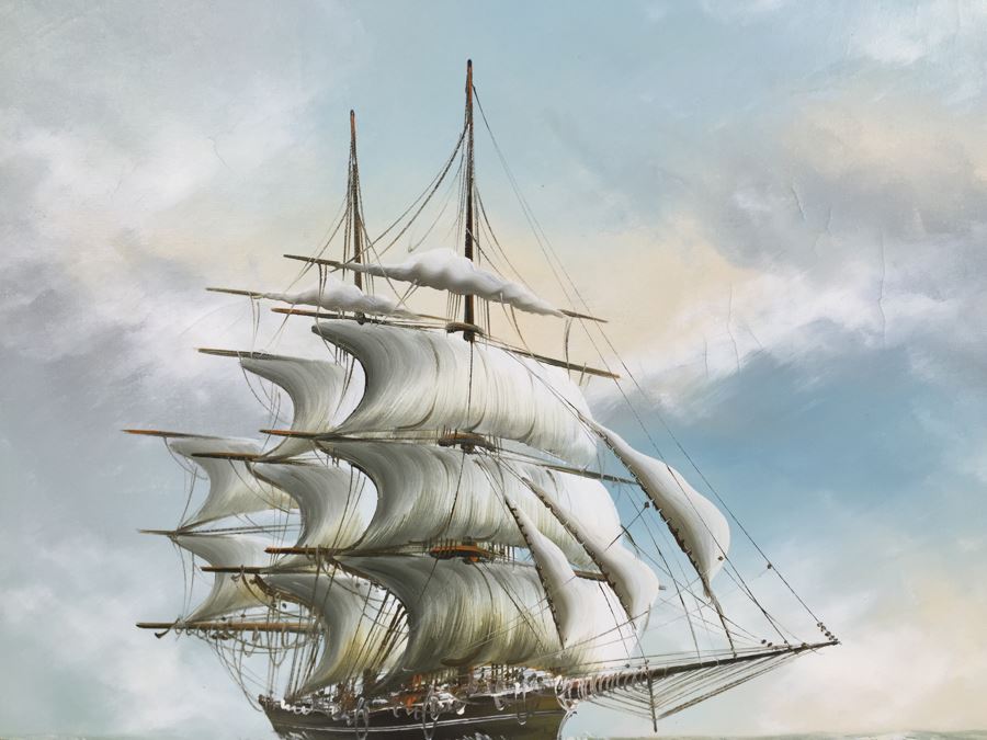 Original Oil Painting Of Large Sailing Ship On Rough Seas Signed By Artist Hayden [Photo 5]