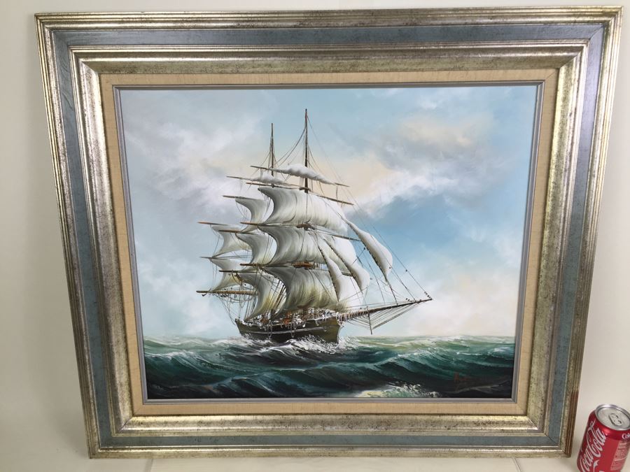 Original Oil Painting Of Large Sailing Ship On Rough Seas Signed By Artist Hayden