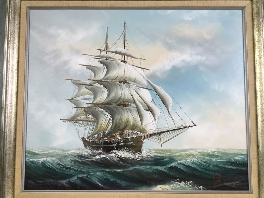Original Oil Painting Of Large Sailing Ship On Rough Seas Signed By Artist Hayden [Photo 11]