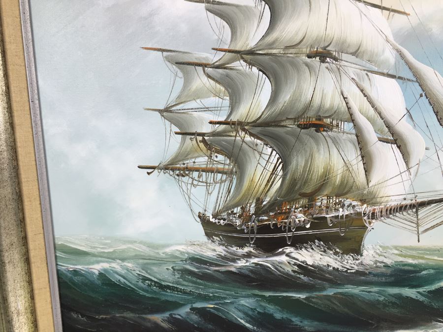 Original Oil Painting Of Large Sailing Ship On Rough Seas Signed By Artist Hayden [Photo 6]