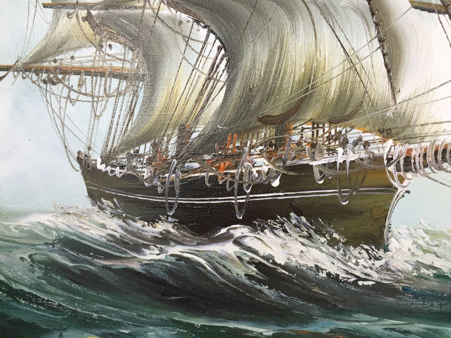 Original Oil Painting Of Large Sailing Ship On Rough Seas Signed By Artist Hayden [Photo 10]