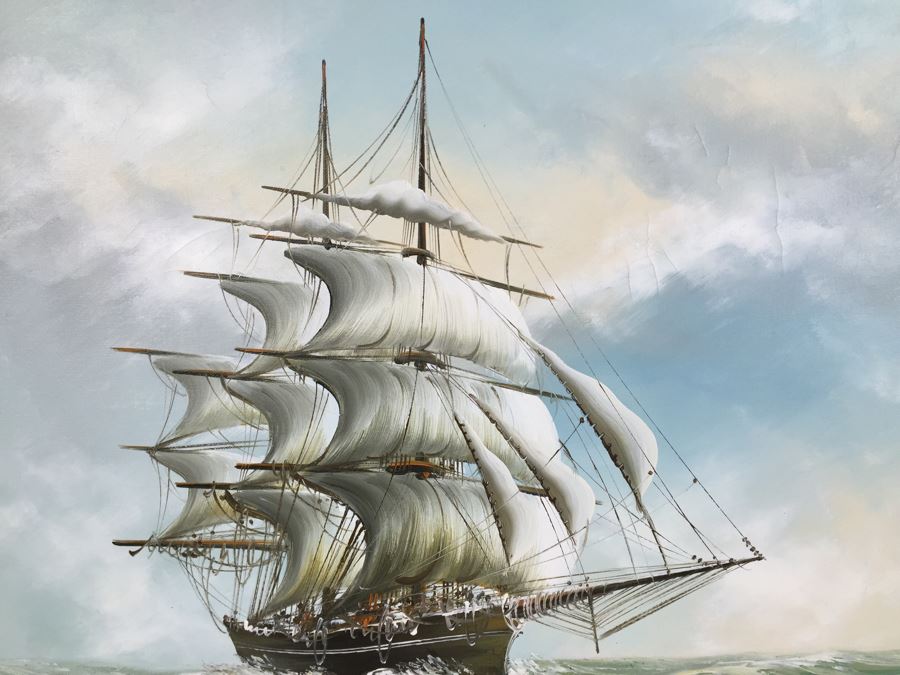 Original Oil Painting Of Large Sailing Ship On Rough Seas Signed By Artist Hayden [Photo 4]