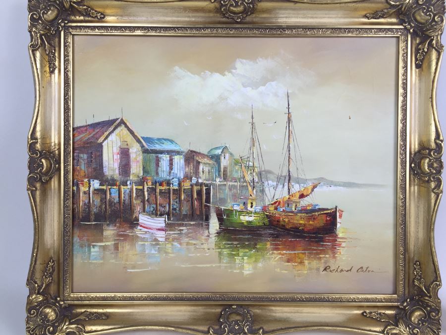 Original Oil Painting Of Ships In The Harbor Signed By Artist [Photo 1]