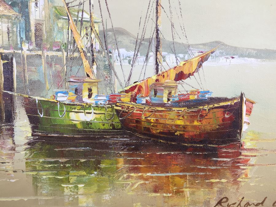Original Oil Painting Of Ships In The Harbor Signed By Artist [Photo 6]