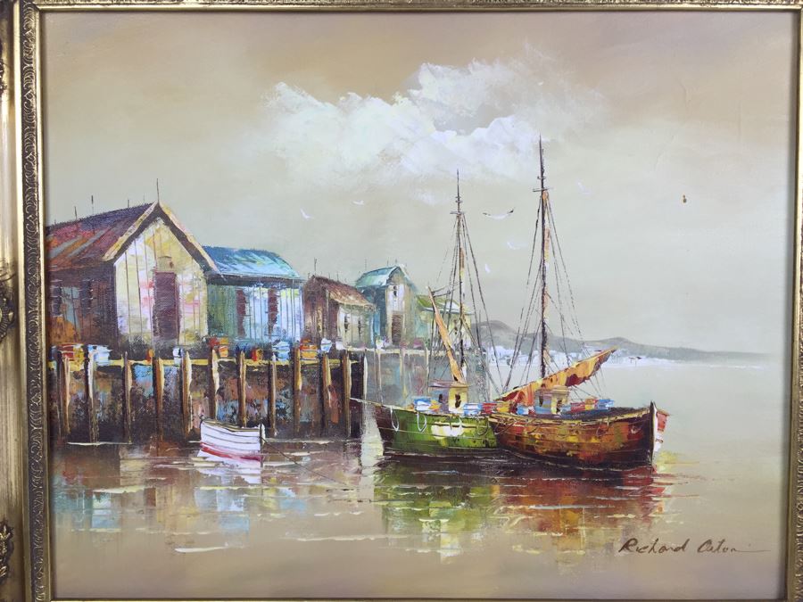 Original Oil Painting Of Ships In The Harbor Signed By Artist [Photo 5]