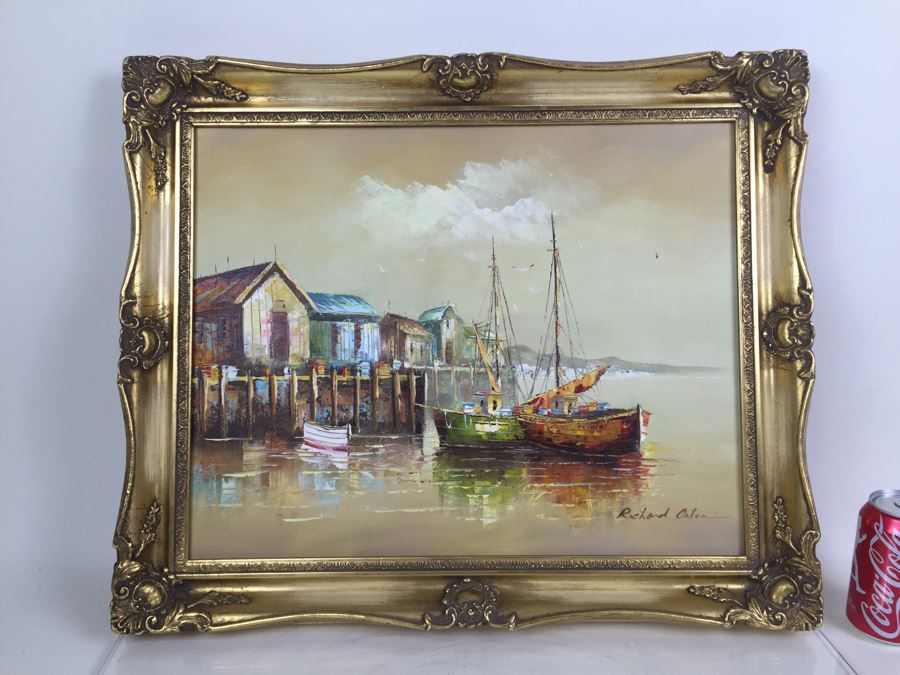 Original Oil Painting Of Ships In The Harbor Signed By Artist [Photo 4]