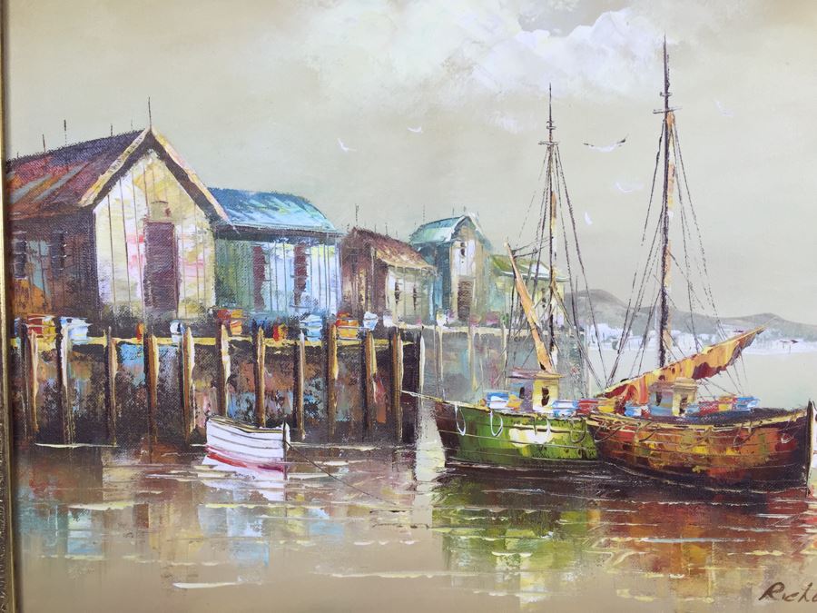 Original Oil Painting Of Ships In The Harbor Signed By Artist [Photo 2]