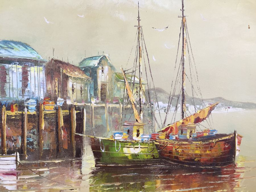 Original Oil Painting Of Ships In The Harbor Signed By Artist [Photo 8]