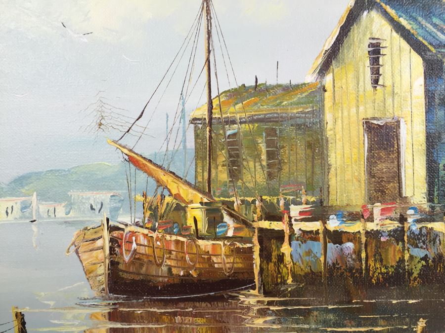 Original Oil Painting Of Ships In The Harbor Signed By Artist [Photo 8]