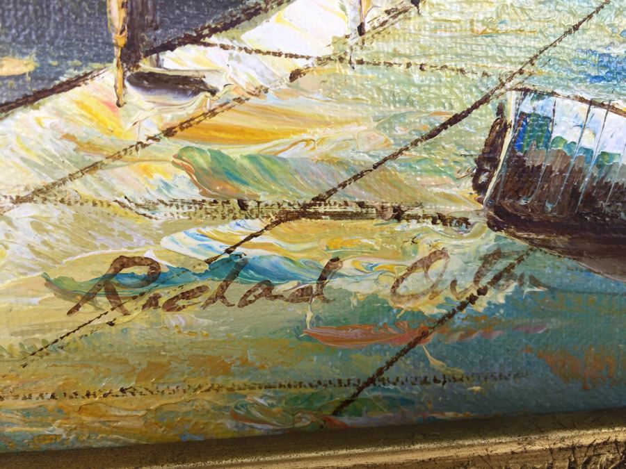 Original Oil Painting Of Ships In The Harbor Signed By Artist [Photo 3]