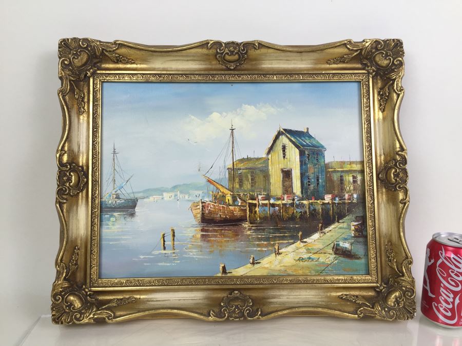 Original Oil Painting Of Ships In The Harbor Signed By Artist [Photo 4]