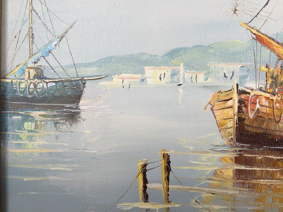 Original Oil Painting Of Ships In The Harbor Signed By Artist [Photo 9]