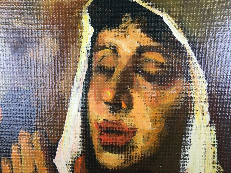 Original Oil Painting On Canvas Of Woman In Prayer Under Candlelight Signed By Artist [Photo 8]