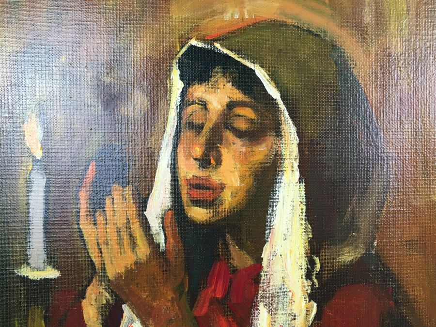 Original Oil Painting On Canvas Of Woman In Prayer Under Candlelight Signed By Artist [Photo 5]