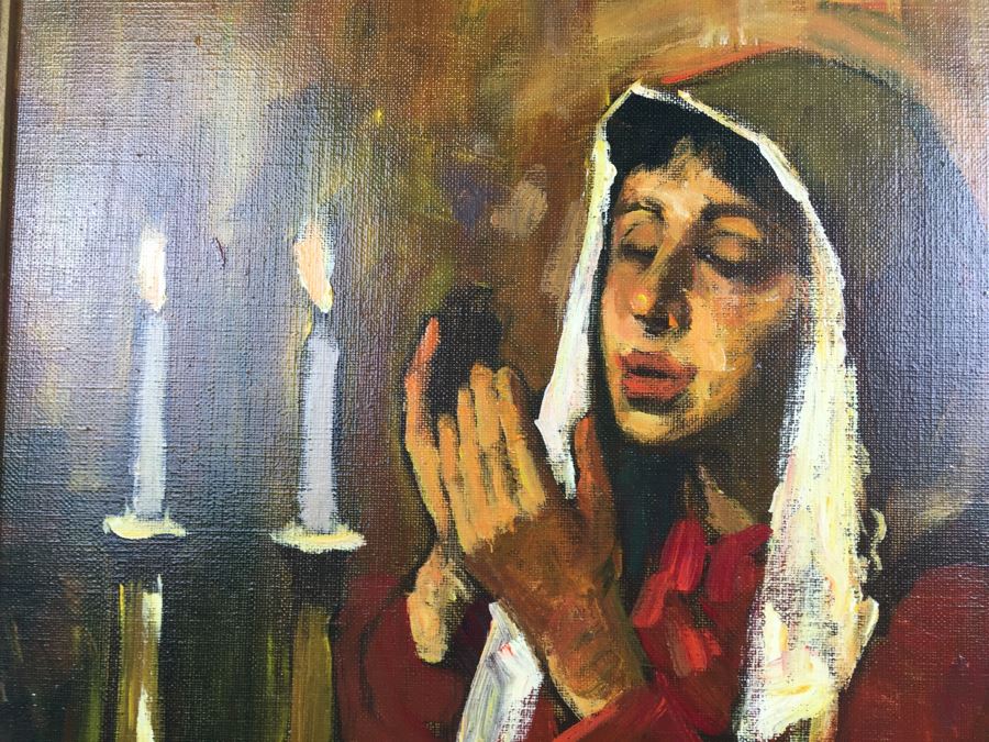 Original Oil Painting On Canvas Of Woman In Prayer Under Candlelight Signed By Artist [Photo 2]
