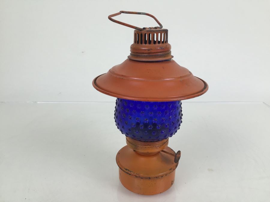 Vintage Small Orange Lantern With Blue Star Glass Globe [Photo 12]
