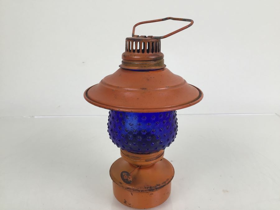 Vintage Small Orange Lantern With Blue Star Glass Globe [Photo 4]