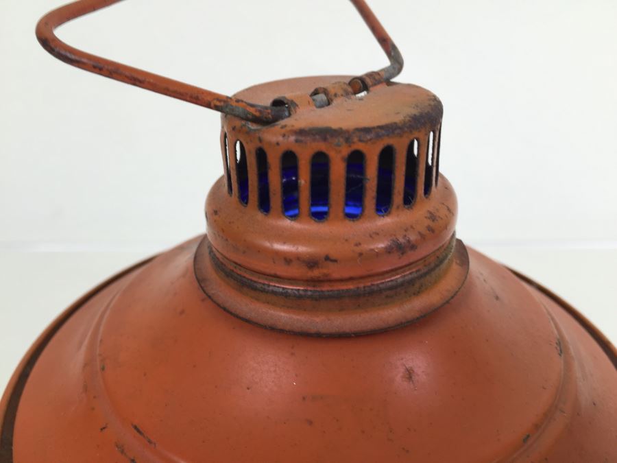 Vintage Small Orange Lantern With Blue Star Glass Globe [Photo 11]