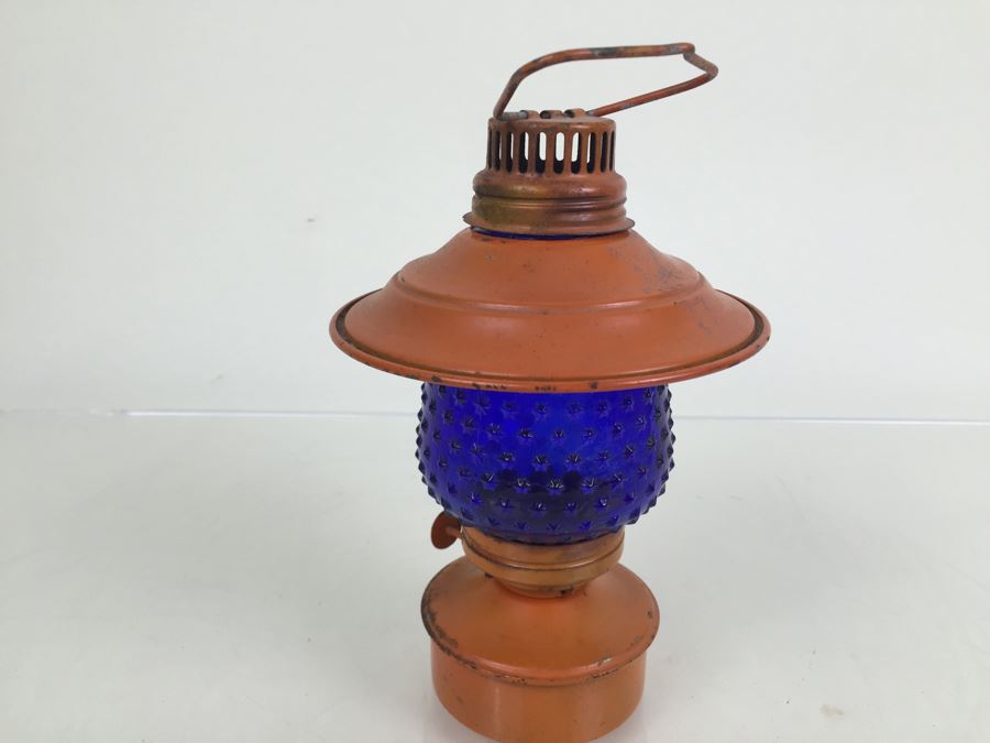 Vintage Small Orange Lantern With Blue Star Glass Globe [Photo 9]