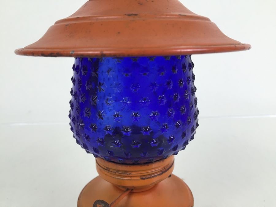 Vintage Small Orange Lantern With Blue Star Glass Globe [Photo 2]