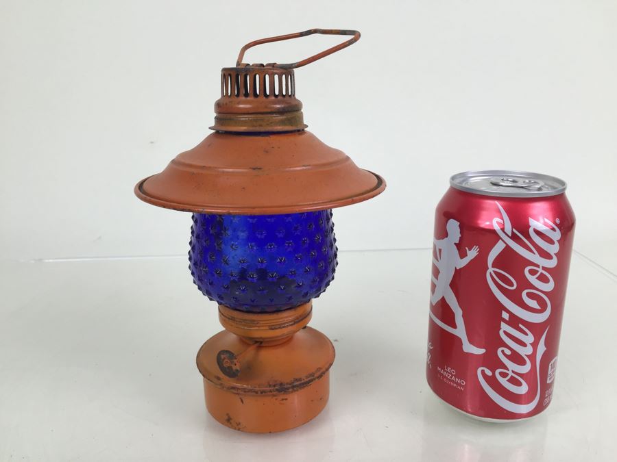 Vintage Small Orange Lantern With Blue Star Glass Globe