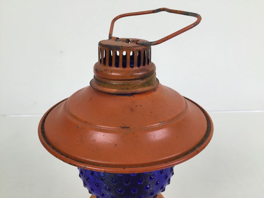 Vintage Small Orange Lantern With Blue Star Glass Globe [Photo 5]
