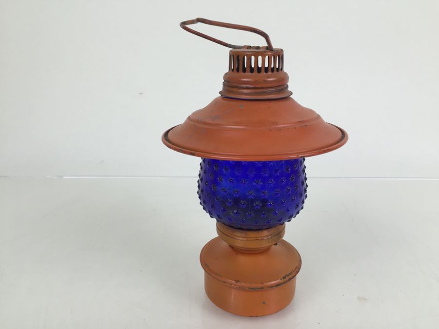 Vintage Small Orange Lantern With Blue Star Glass Globe [Photo 10]