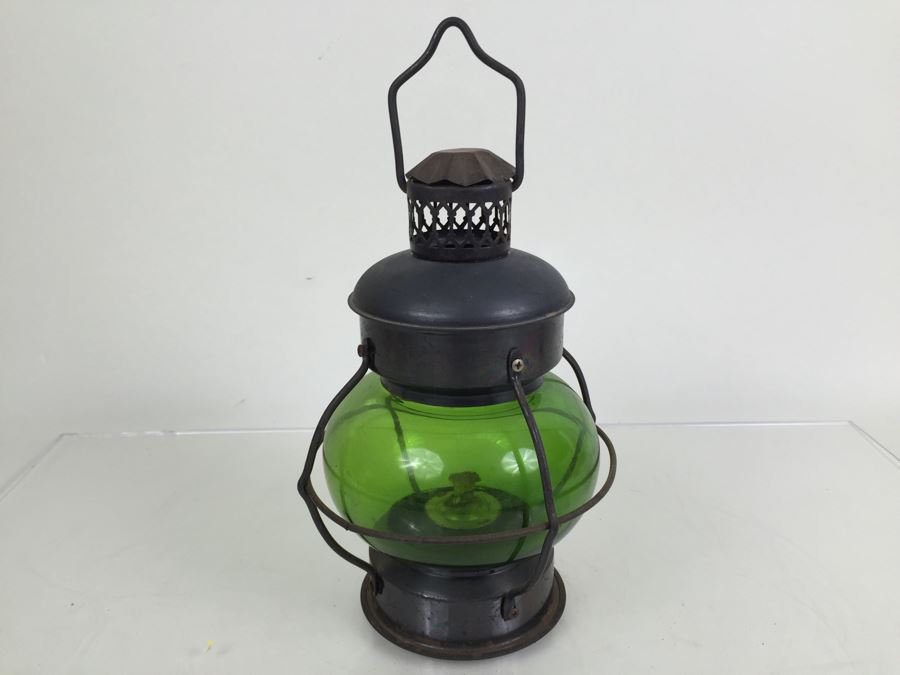 Vintage Lantern With Green Glass Globe Maker Unknown [Photo 4]