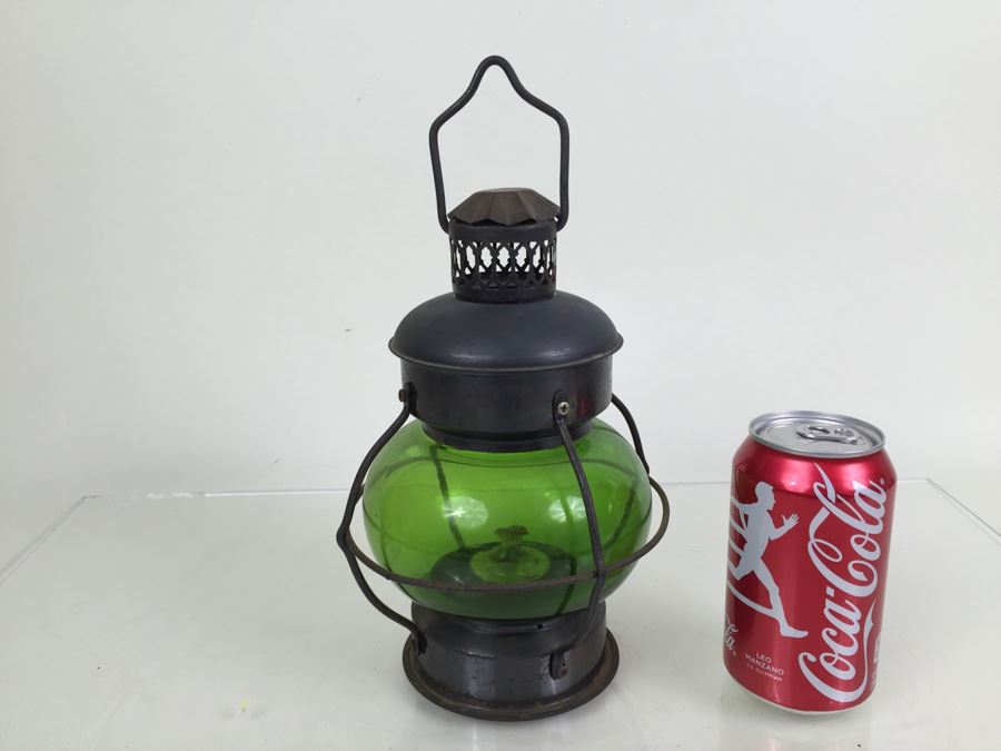 Vintage Lantern With Green Glass Globe Maker Unknown [Photo 1]