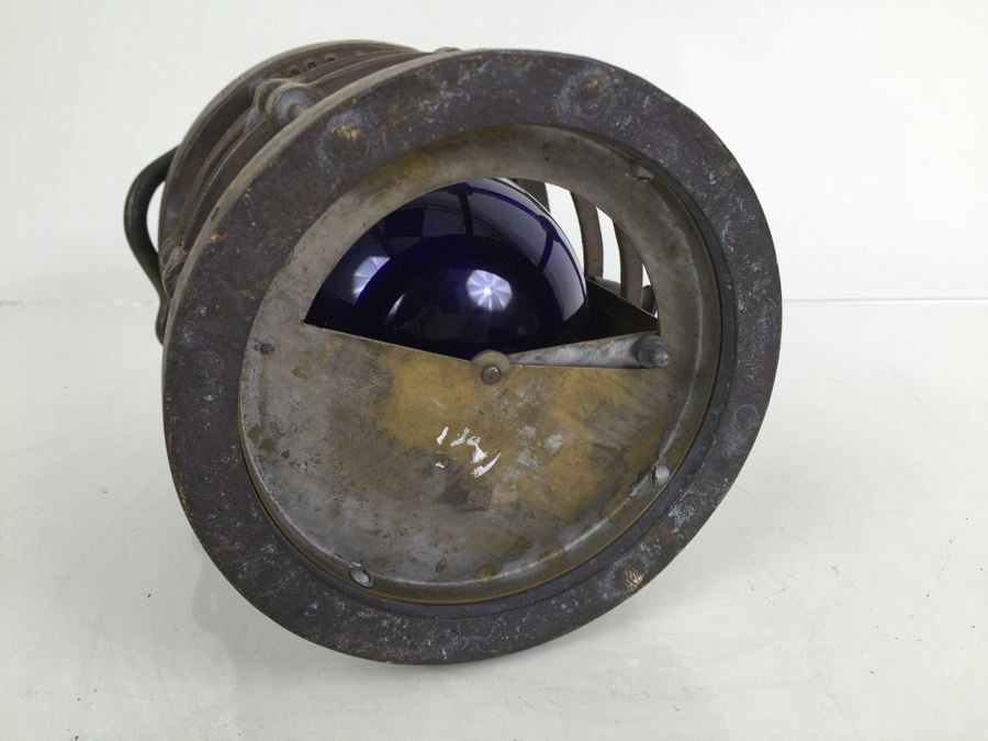 Stunning Antique Bronze Industrial Ship Lantern Maritime With Blue Glass Marked '2099-L-4' '9-S-2108-L' [Photo 3]