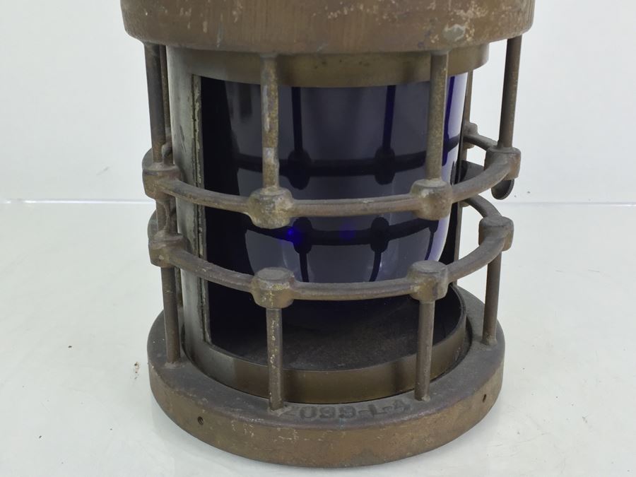 Stunning Antique Bronze Industrial Ship Lantern Maritime With Blue Glass Marked '2099-L-4' '9-S-2108-L' [Photo 2]