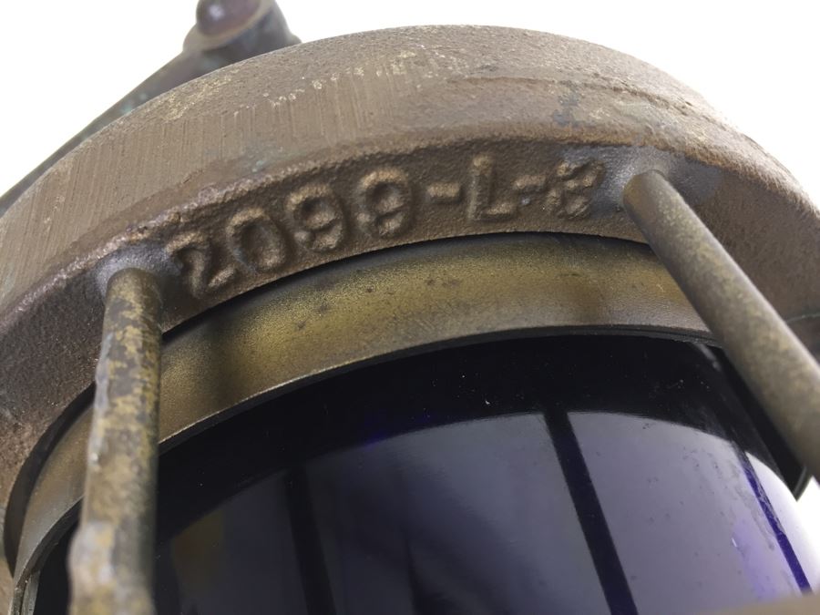 Stunning Antique Bronze Industrial Ship Lantern Maritime With Blue Glass Marked '2099-L-4' '9-S-2108-L' [Photo 18]