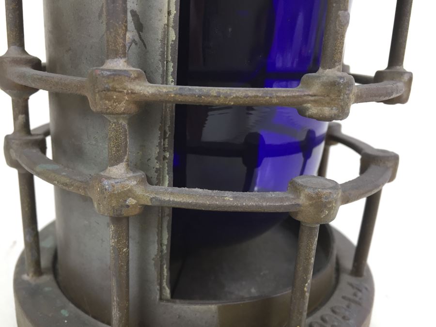Stunning Antique Bronze Industrial Ship Lantern Maritime With Blue Glass Marked '2099-L-4' '9-S-2108-L' [Photo 14]