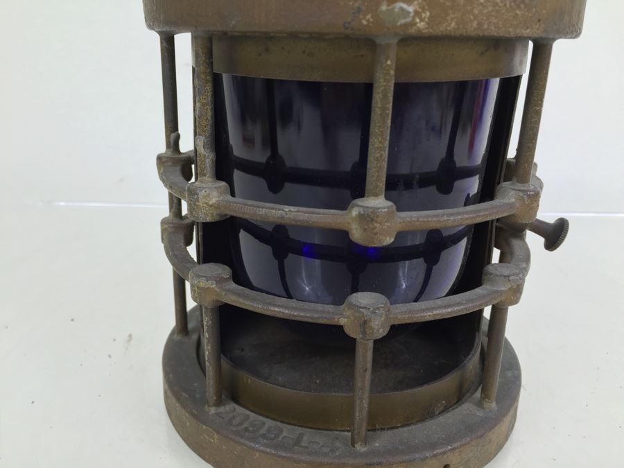 Stunning Antique Bronze Industrial Ship Lantern Maritime With Blue Glass Marked '2099-L-4' '9-S-2108-L' [Photo 12]